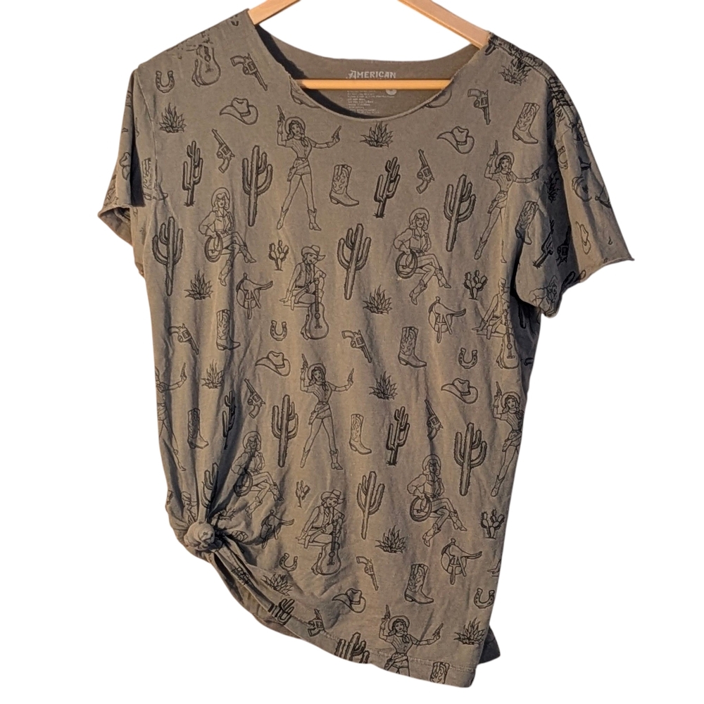 American Highway Western Cowgirl Print Knot Tee Casual Grunge